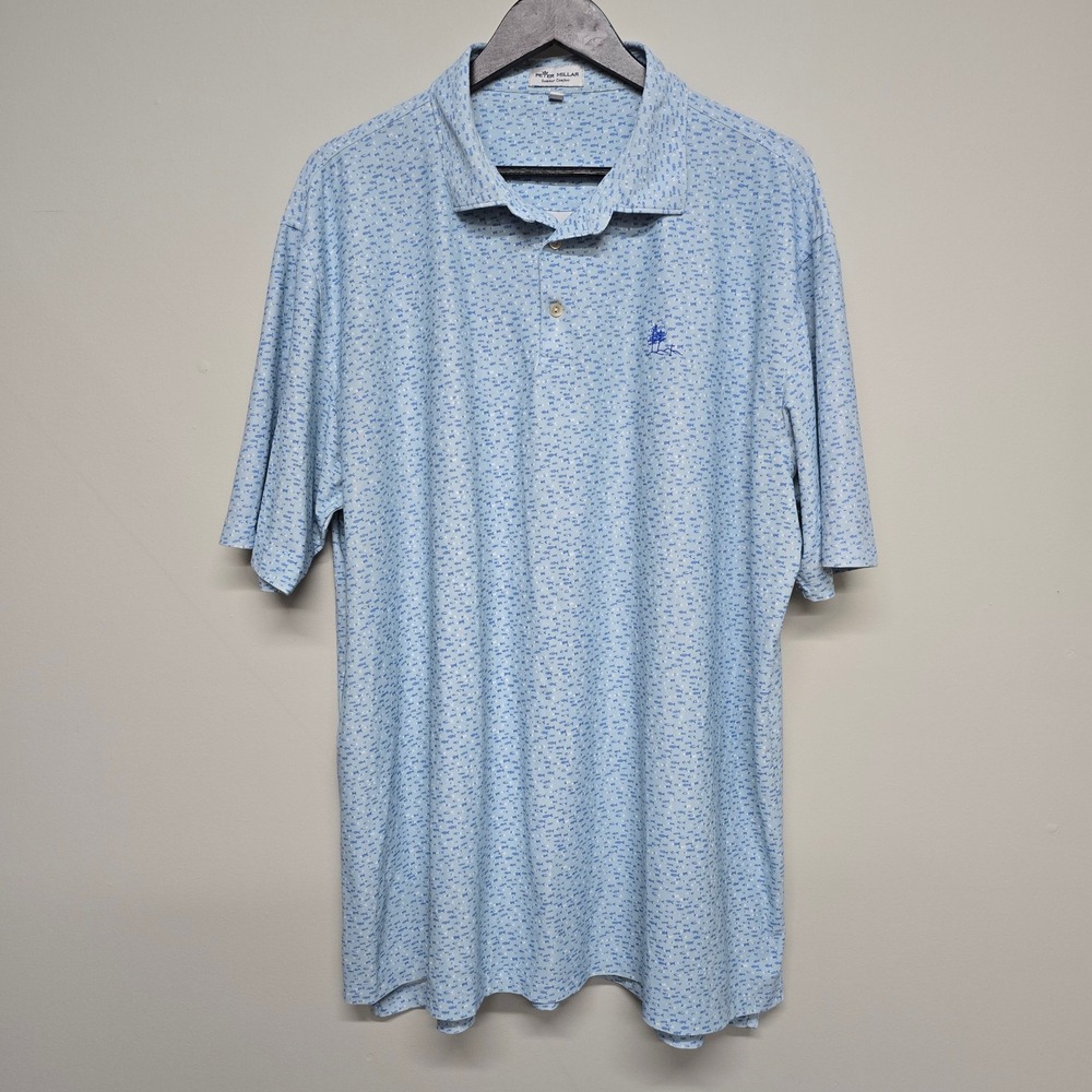 Peter Millar Summer Comfort Polo Mens XXL Blue Fish Print Polyester Stretch